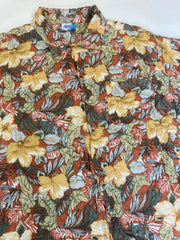 Vintage 80s yellow orange green hibiscus floral palm Hawaiian party beach rayon shirt size XL