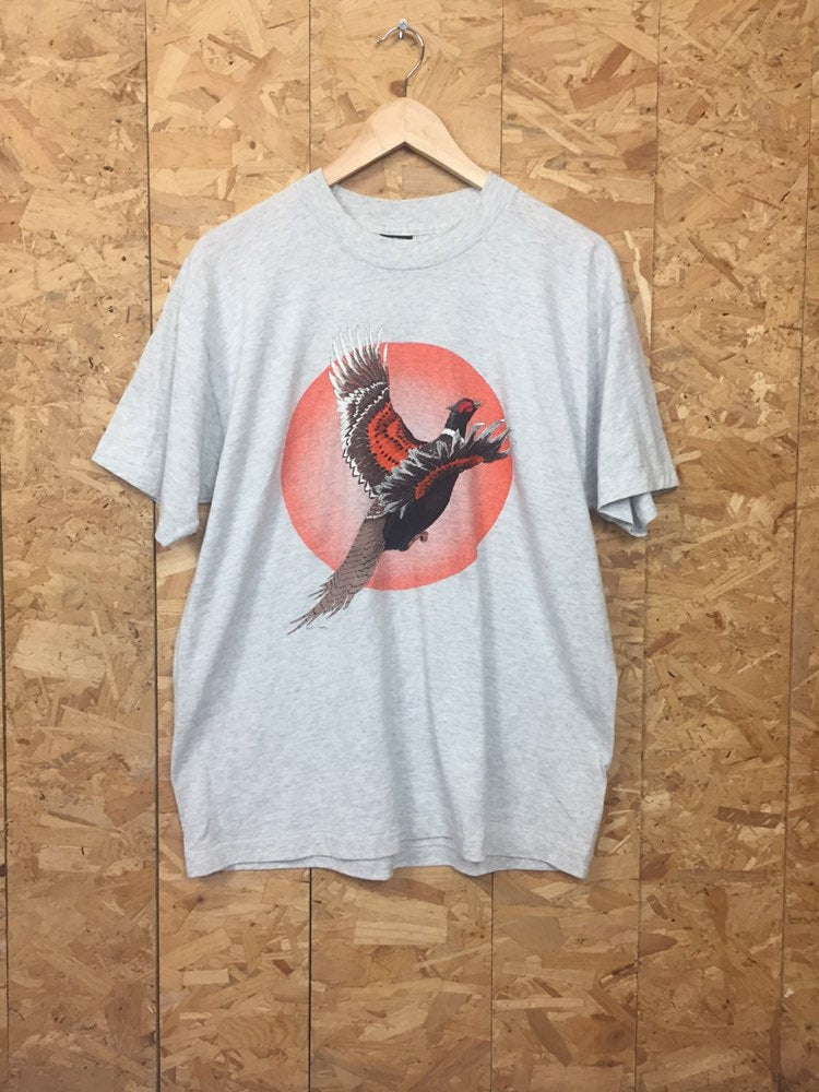 Vintage USA 90s turkey vulture flying bird animal print grey marl t-shirt size large