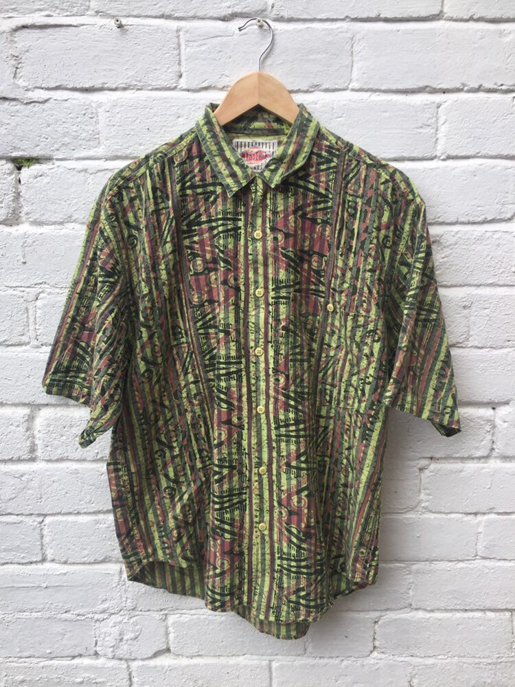 Vintage 90s lime green batik print pattern striped oversized shirt sleeve shirt oversized size medium