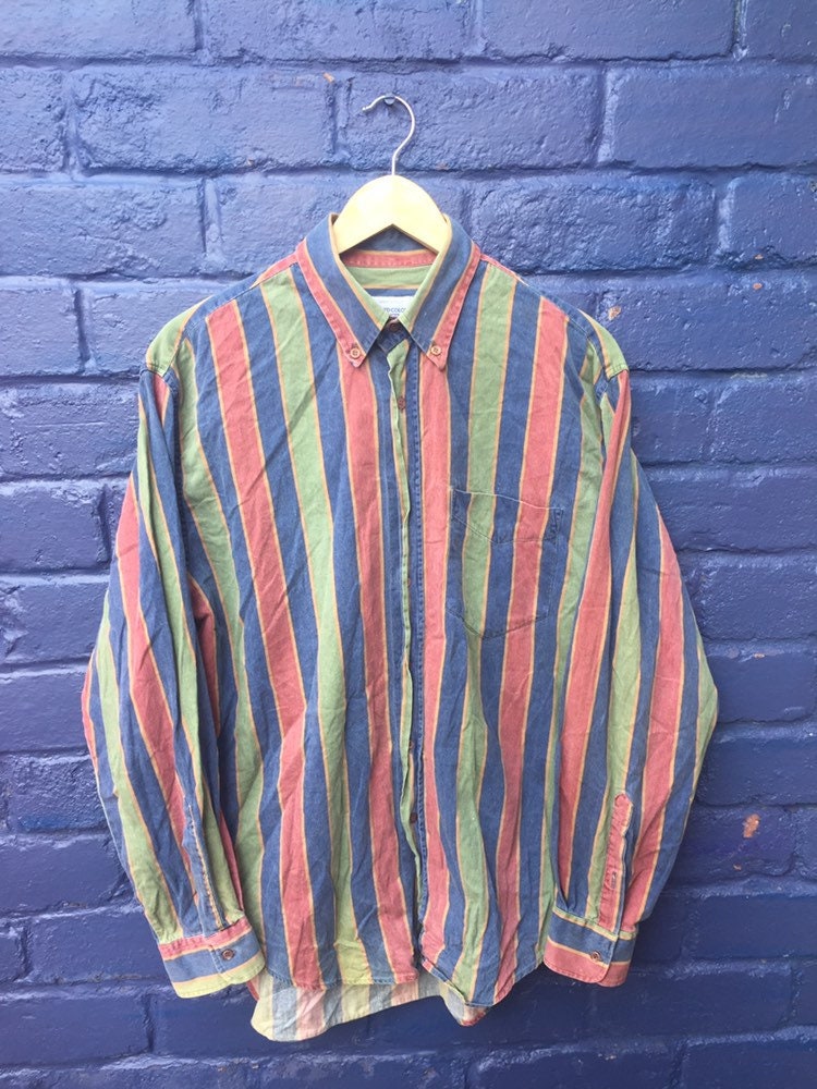 Vintage 90s United Colours of Benetton green blue red corduroy striped long sleeve shirt size large