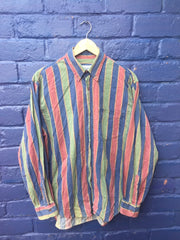 Vintage 90s United Colours of Benetton green blue red corduroy striped long sleeve shirt size large