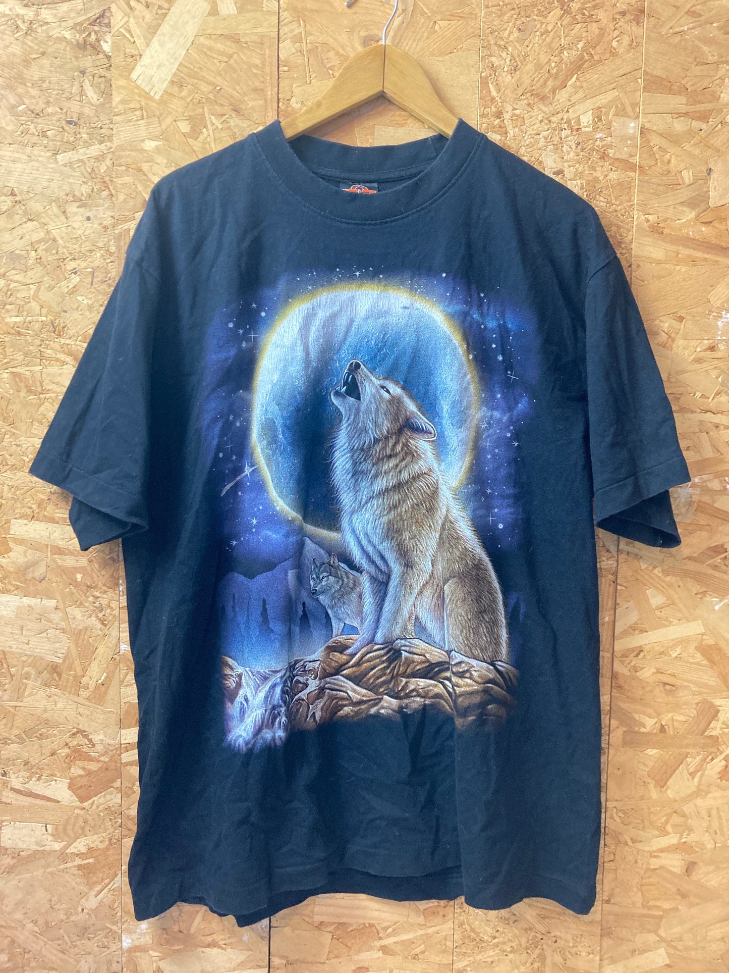 Vintage 00s mystical Native American wolf moonlight double side print t shirt size XL black