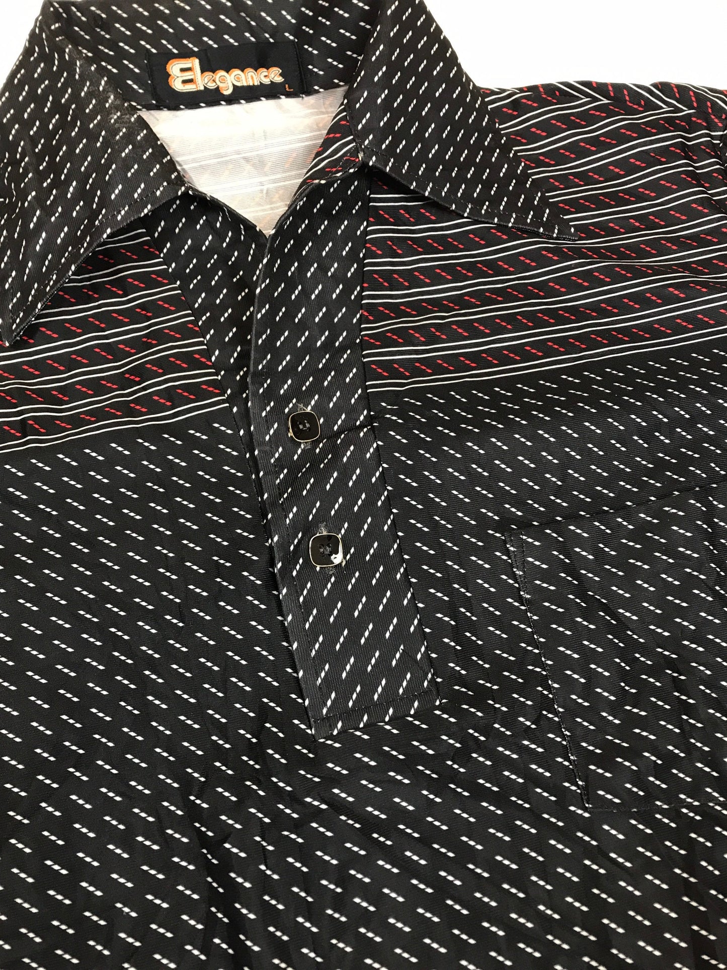 Vintage 70s polyester black white red geometric pattern pointed collar retro disco shirt size large