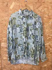 Vintage 90s ugly abstract scrapbook pattern turquoise red grey grungy green festival long sleeve shirt size large
