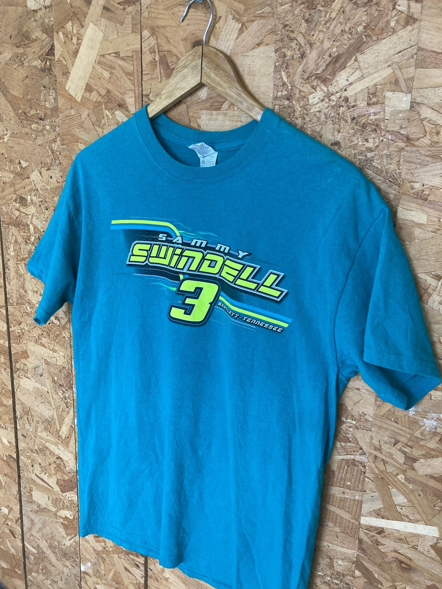 Vintage Y2K nascar racing Sammy Swindle outlaw race souvenir turquoise t-shirt size medium