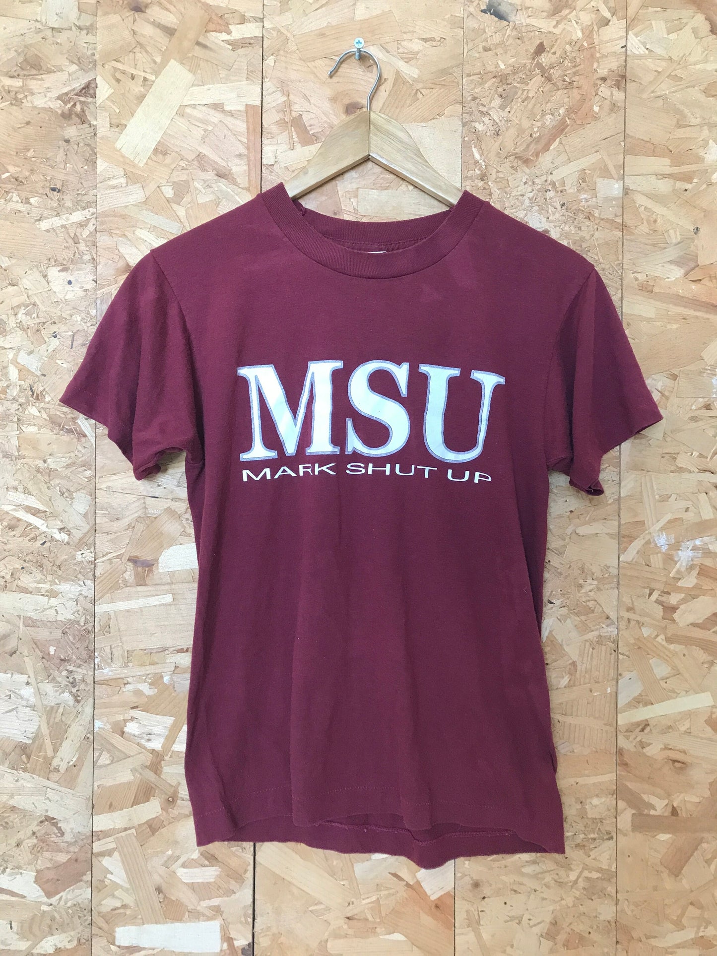 Vintage 90s MSU 'Mark Shut Up' souvenir quirky college team burgundy red  USA t-shirt size small