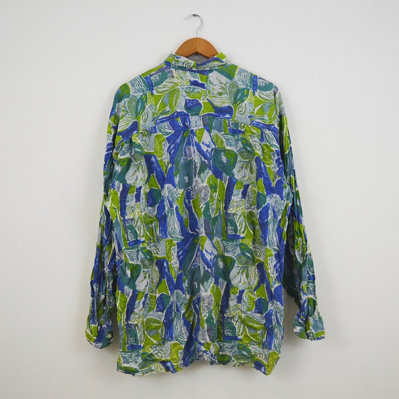 Vintage 90s green blue abstract pattern twin pocket button western shirt size XL