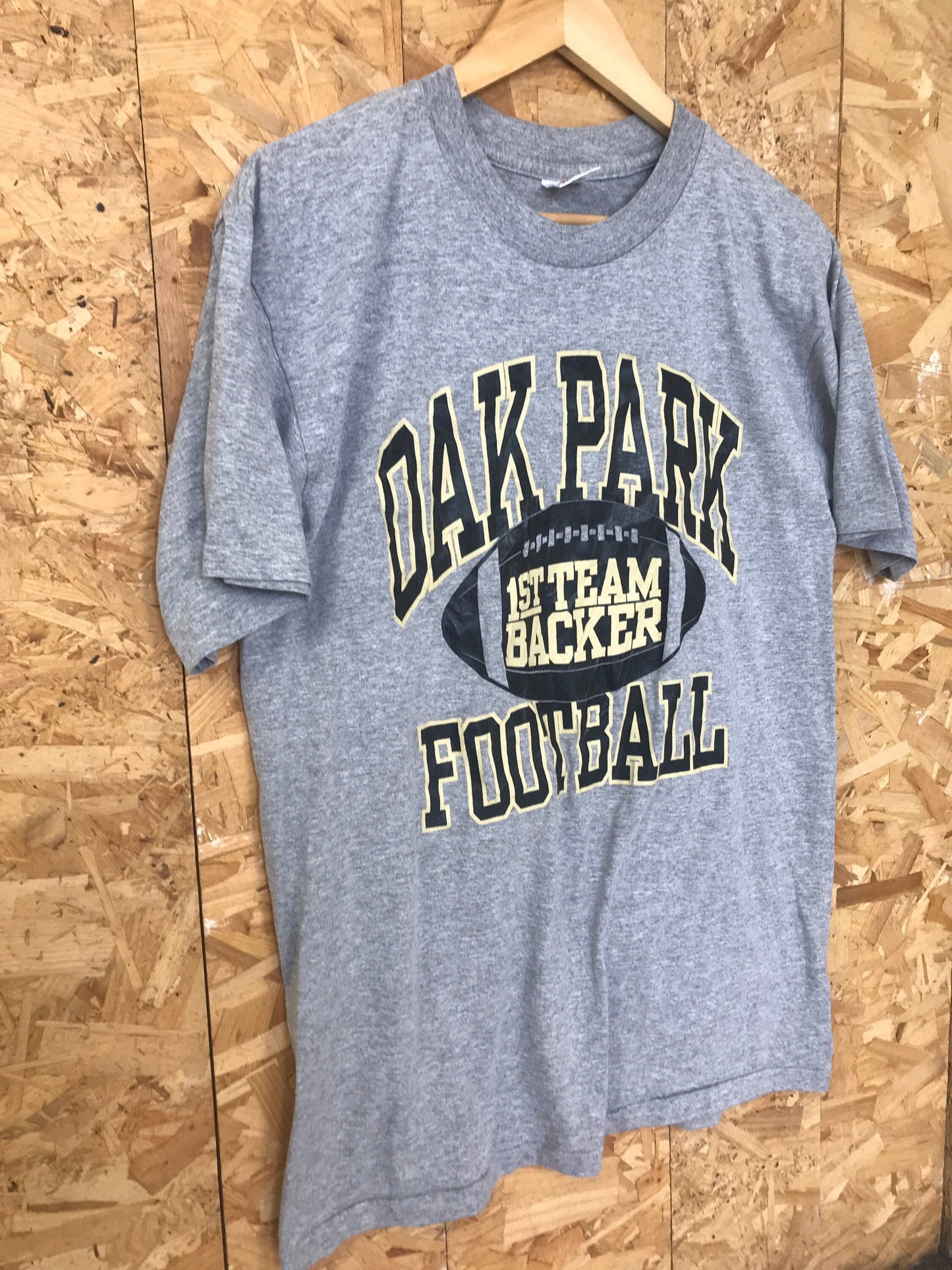 Vintage 90s USA college Oak Park Football 1st team backer souvenir grey t-shirt size large