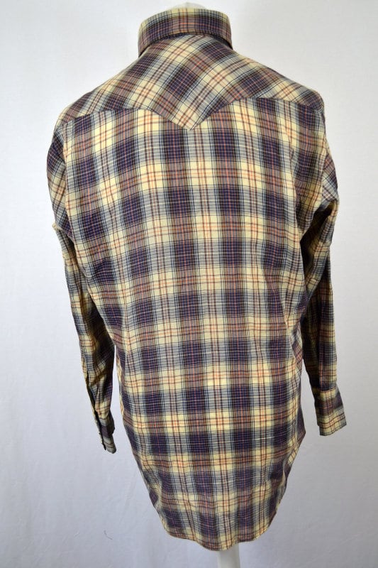 Vintage 80s beige blue red fine check western slim fit twin pocket cowboy shirt size XL