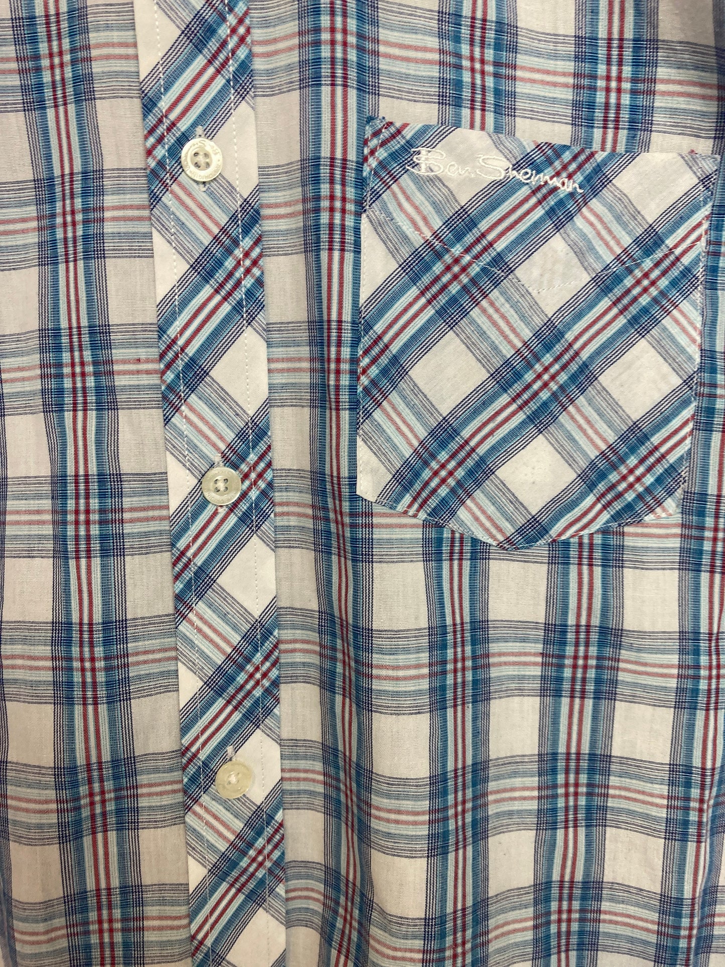 Vintage Ben Sherman light blue red white tablecloth fine check short sleeve Mod skinhead retro punk size small