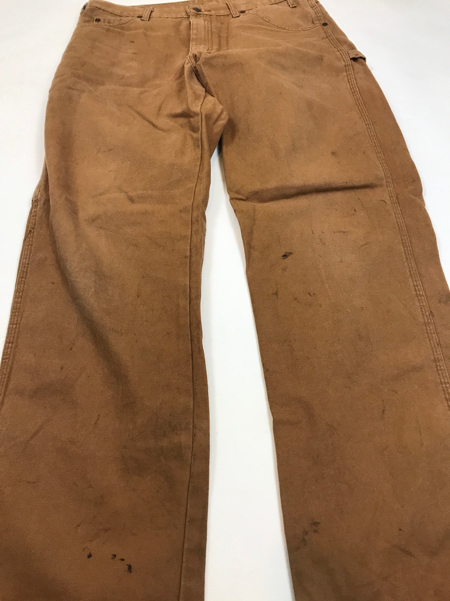 Vintage 90s W33 L32 worn distressed Dickies heavy cotton tan beige canvas duck weave workwear carpenter pants trousers