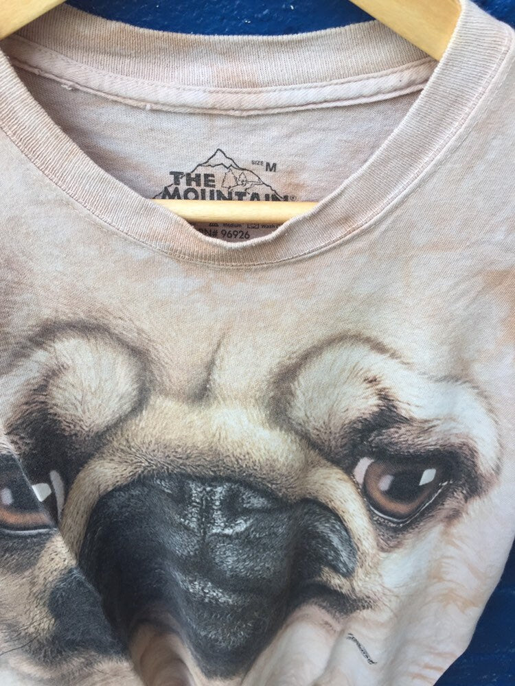 Vintage grungy beige pink nature animal scene pug face dog tie dye t-shirt by The Mountain size medium