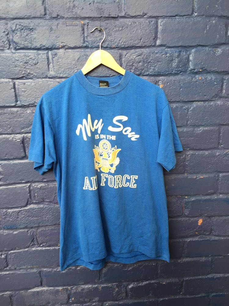 Vintage 90s My son is in the Air Force USA patriot souvenir mid blue t shirt size XL