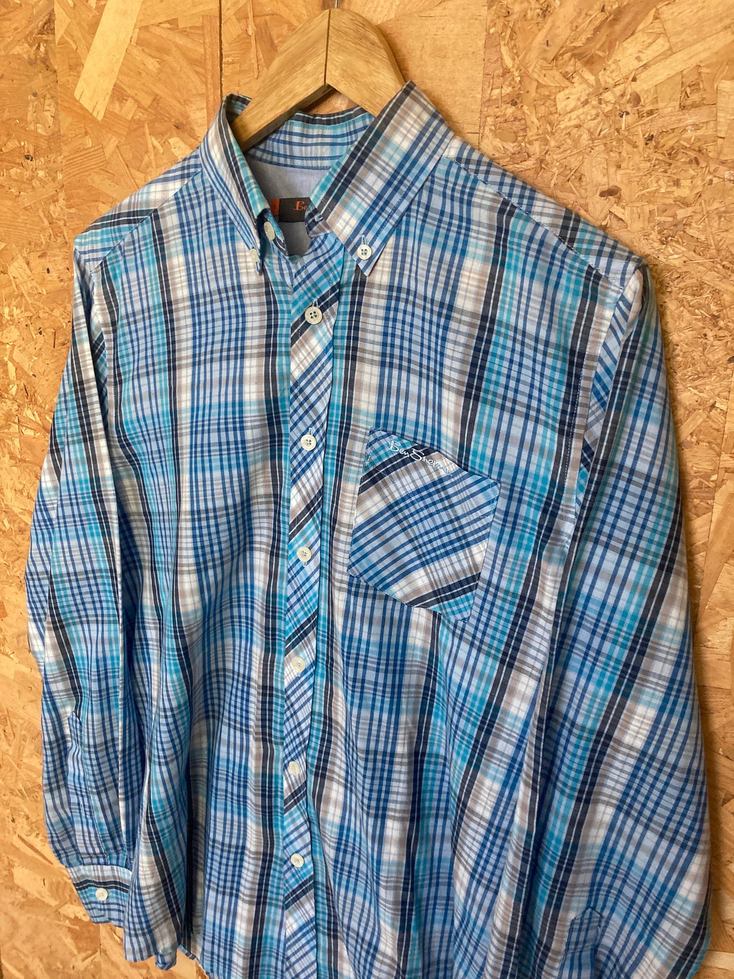 Vintage Ben Sherman light blue navy tablecloth check long sleeve Mod skinhead retro punk button down