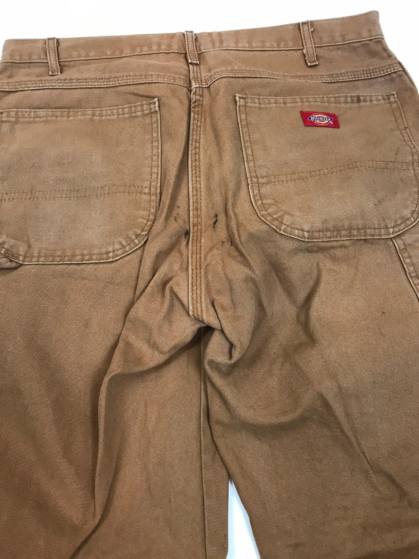 Vintage 90s W33 L32 worn distressed Dickies heavy cotton tan beige canvas duck weave workwear carpenter pants trousers