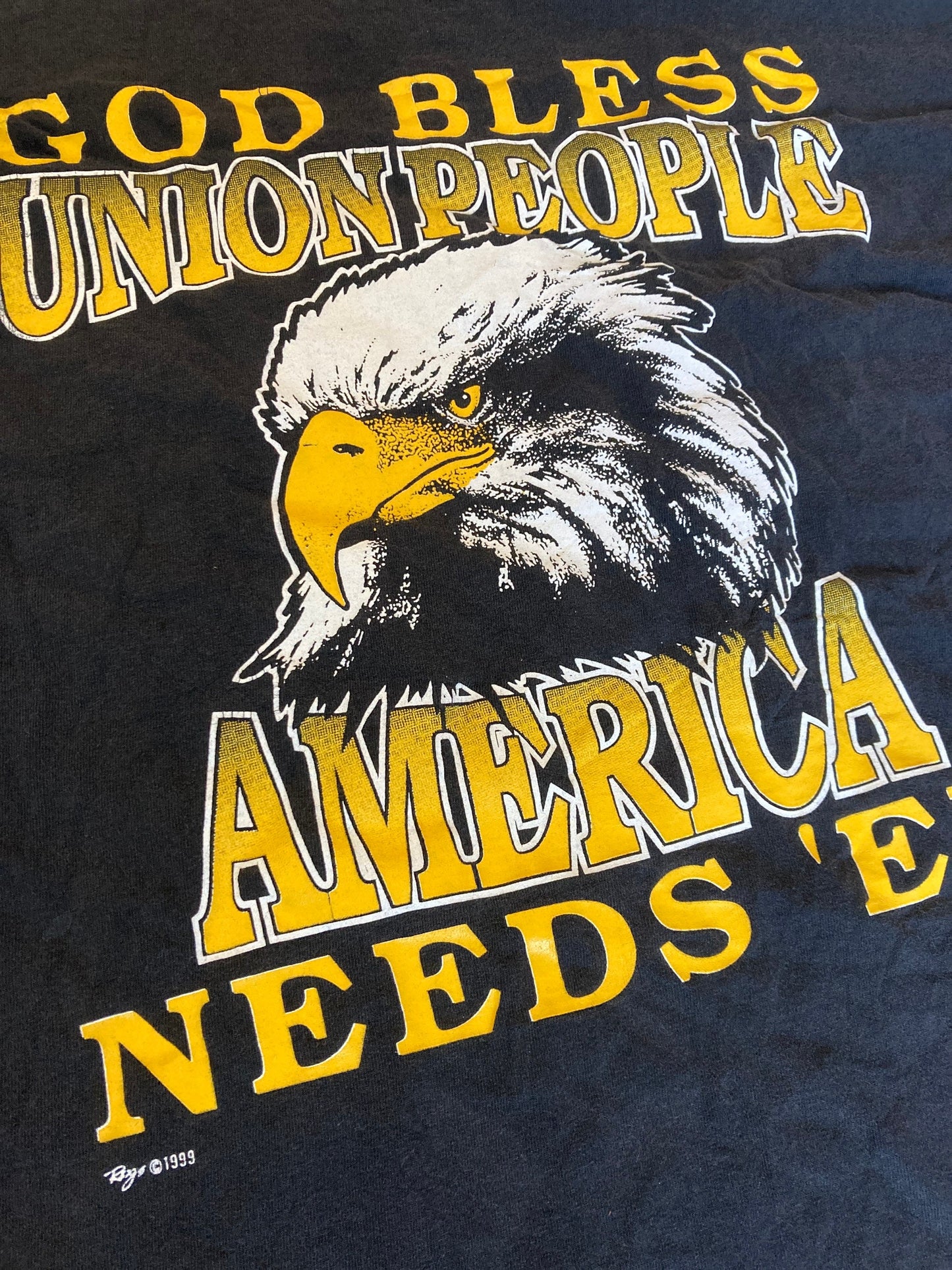 Vintage 90s USA Union leader Local 3 American Eagle print black & yellow t shirt size XL