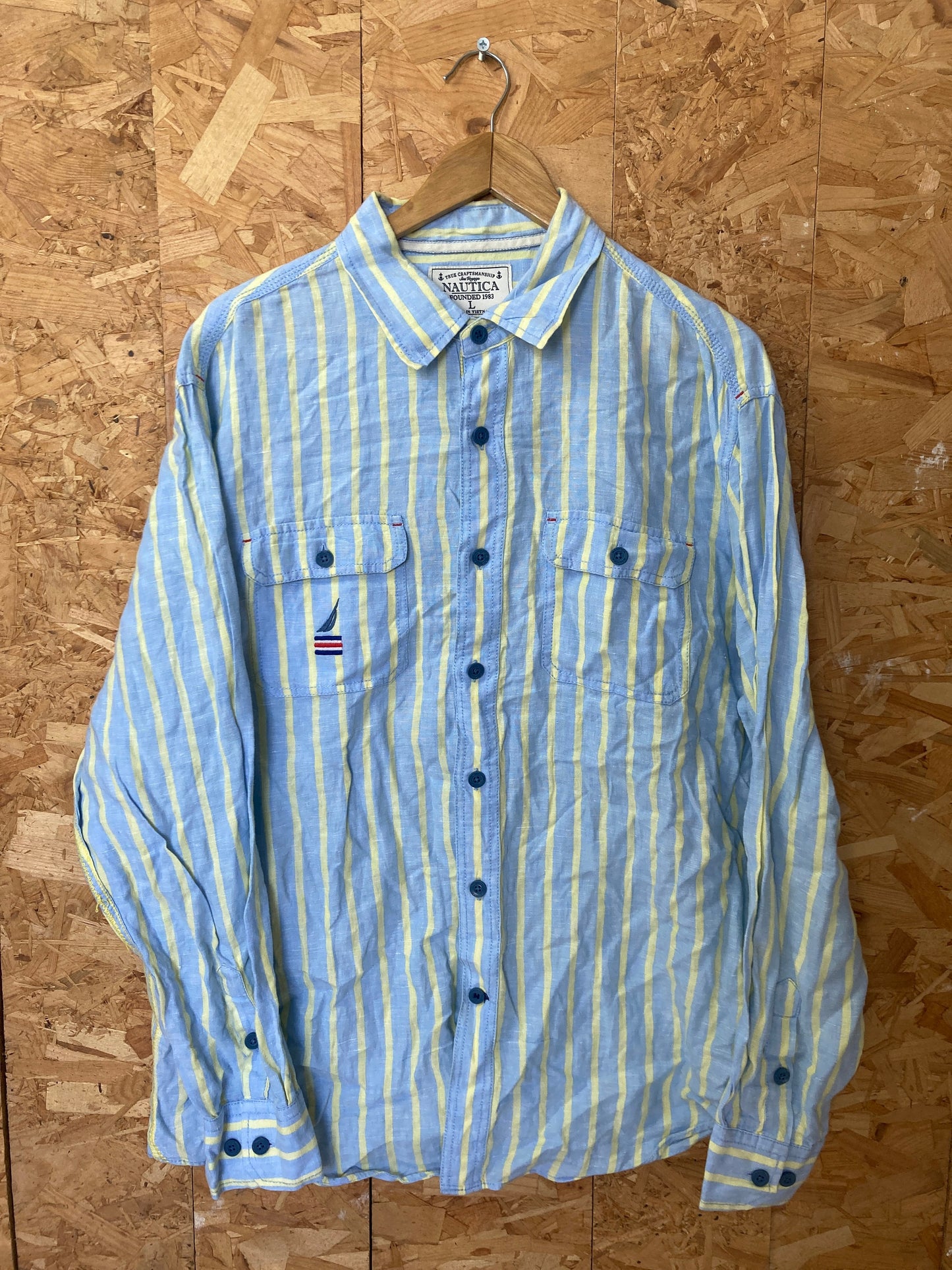 Vintage Y2K Nautica pastel blue yellow striped 100% linen preppy sailing long sleeve shirt size larg