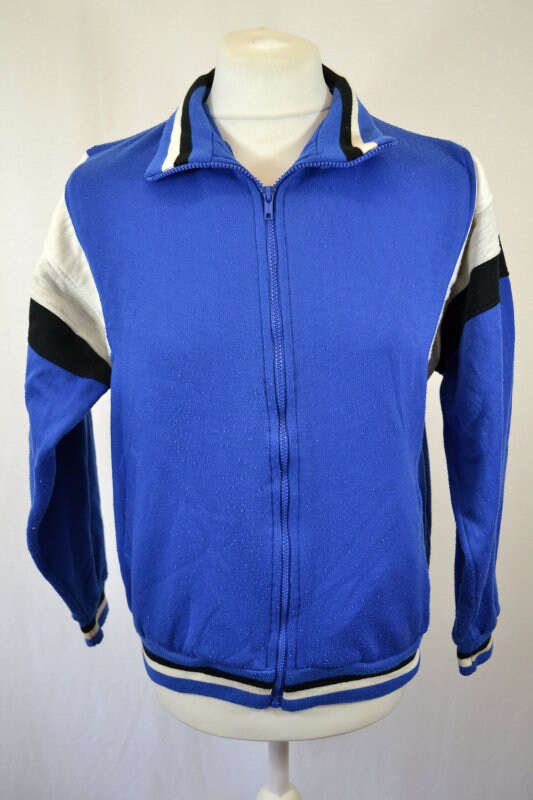 Vintage Blue & Grey Track Top 80s Old School Mod Look Retro Tracksuit Sweat Jacket Top size small