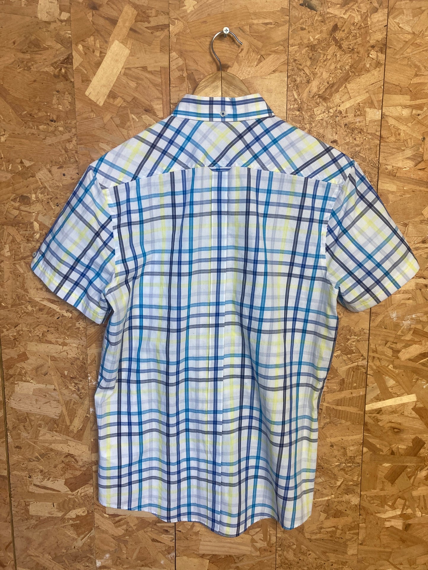 Vintage Ben Sherman light blue yellow white tablecloth fine check short sleeve Mod skinhead retro punk size small