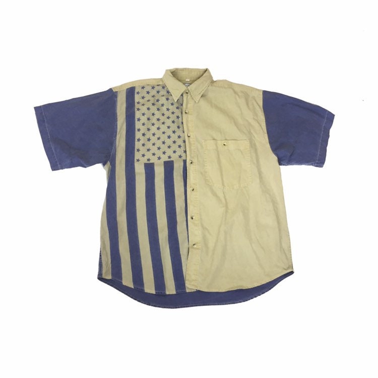 Vintage 90s blue beige block panel USA Stars and Stripes flag western print shirt size large