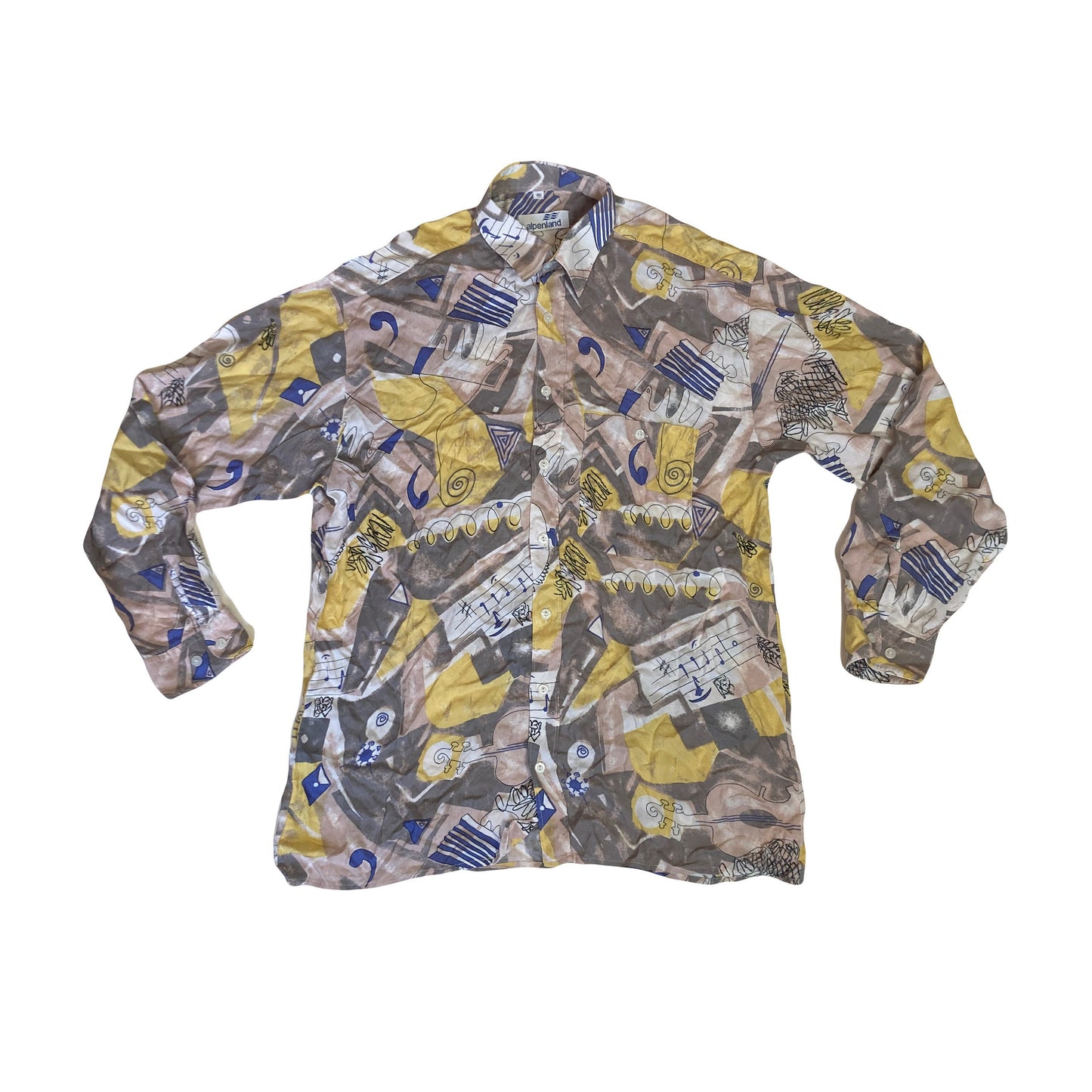 Vintage 80s crazy yellow blue wavy abstract art watercolour pattern soft rayon shirt oversized medium