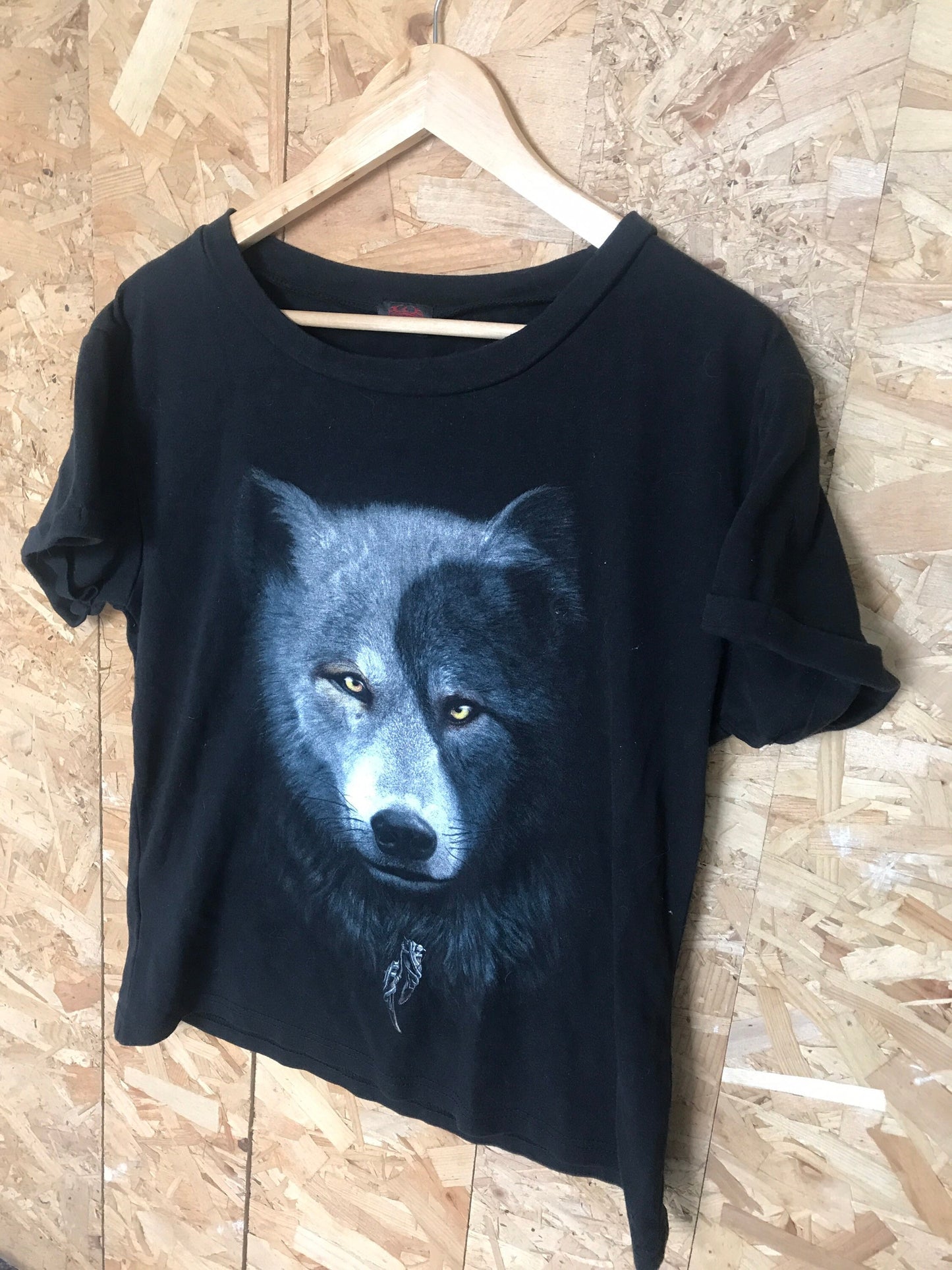 Vintage 00s ladies spiritual ying yang wolf face moonlight t-shirt size 2XL