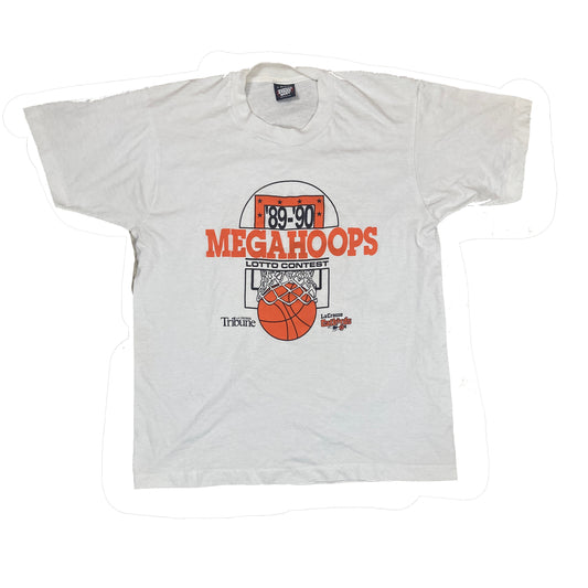 Vintage 89-90 Megahoops basketball Lotto Contest LaCrosse USA souvenir white orange t-shirt size large