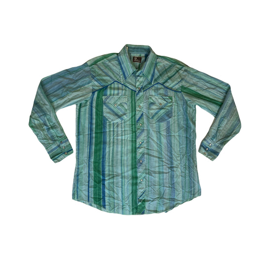 Vintage 80s JC penny blue green striped piping western cowboy shirt size 17” large