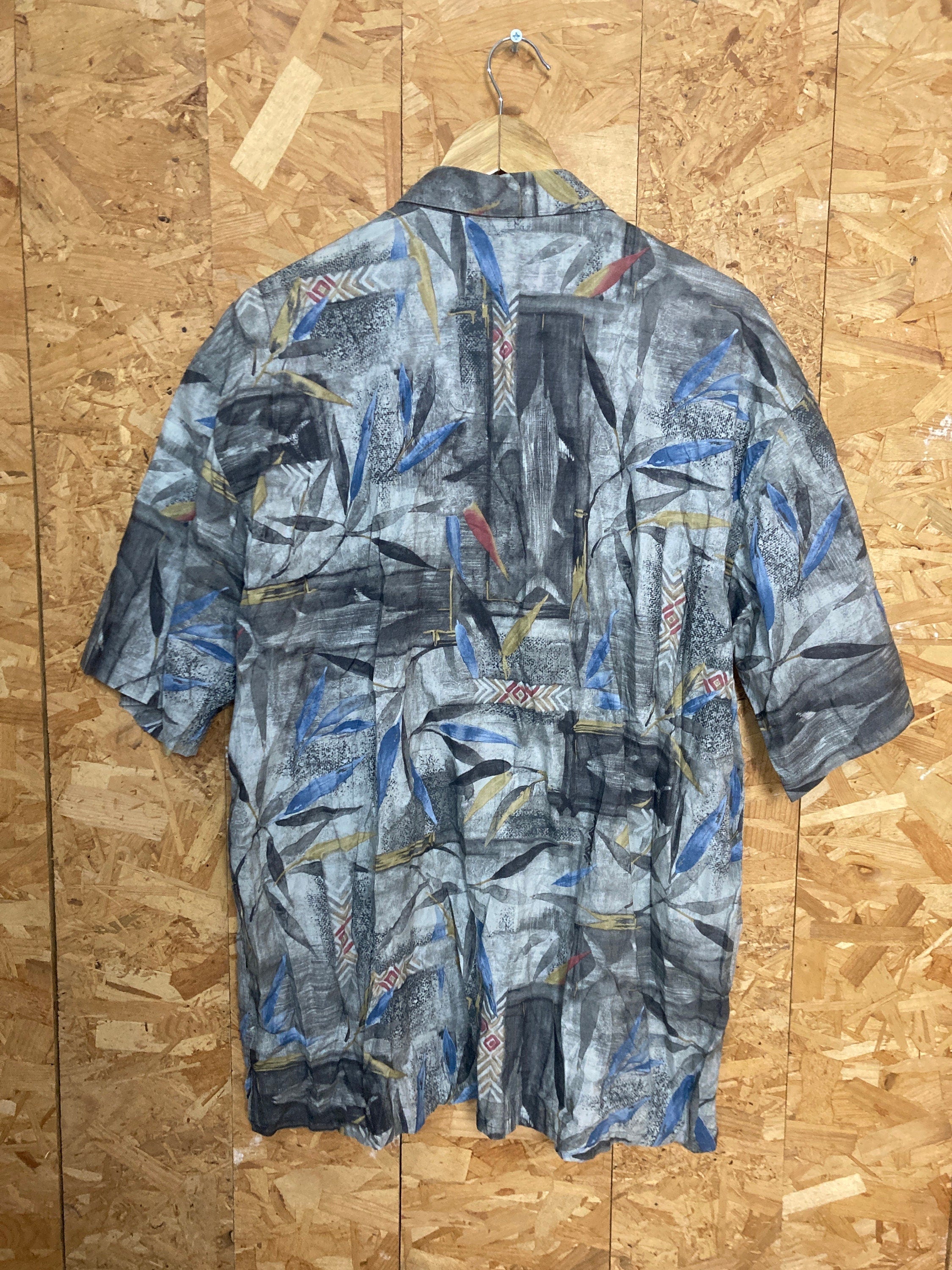 Vintage 90s abstract blue grey tropical floral surf hawaiian party beach cotton shirt size large by Bamboo Cay