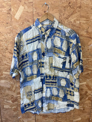 Vintage 90s beige blue abstract pattern short sleeve ugly party shirt size large