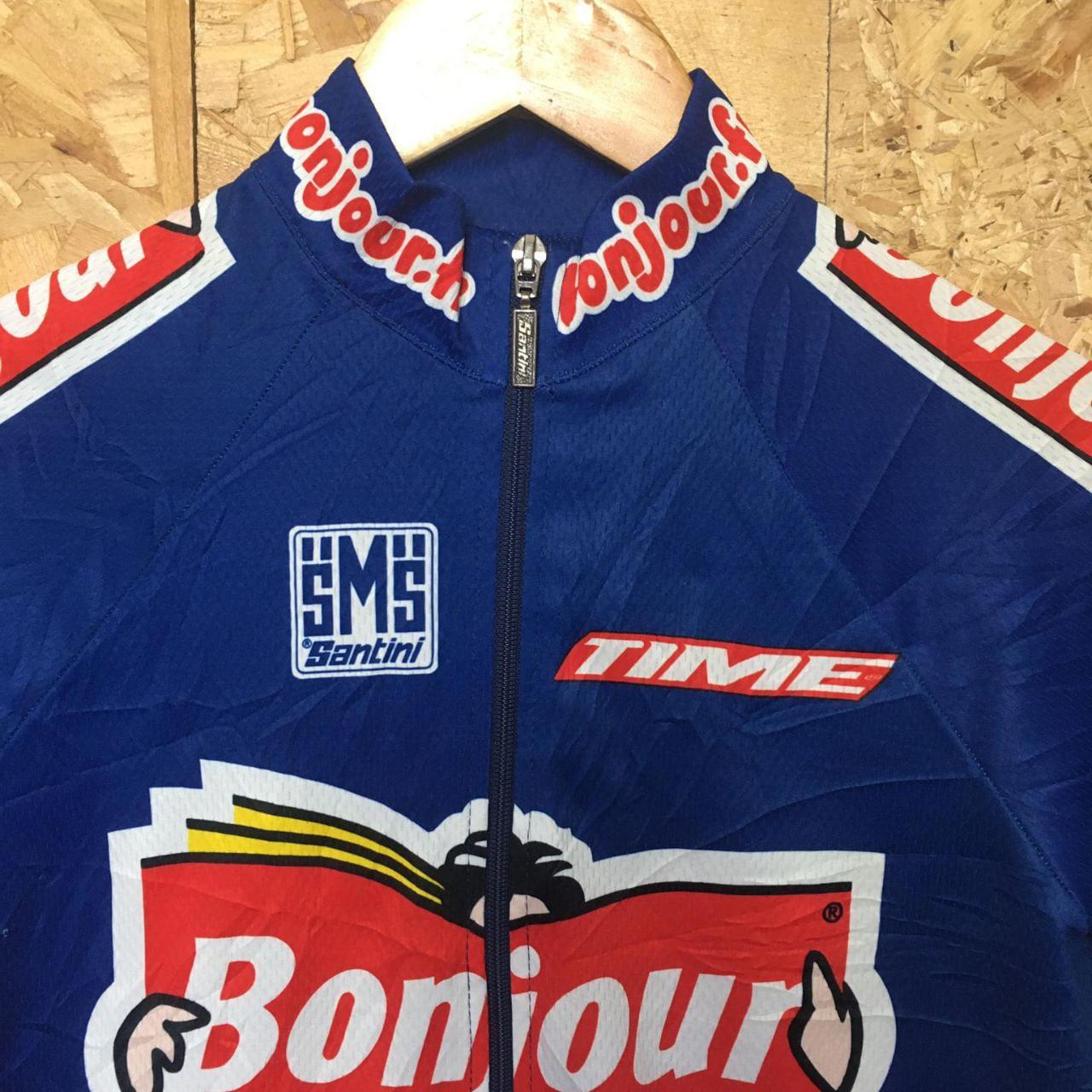 Vintage 90's French Bonjour Santini Cycle Jersey Blue Red Size UK S