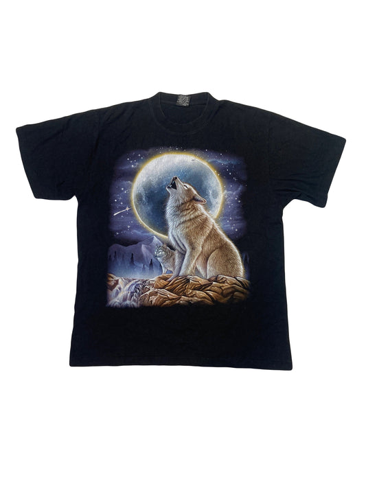 Vintage 00s mystical Native American wolf moonlight double side print t shirt size XL black