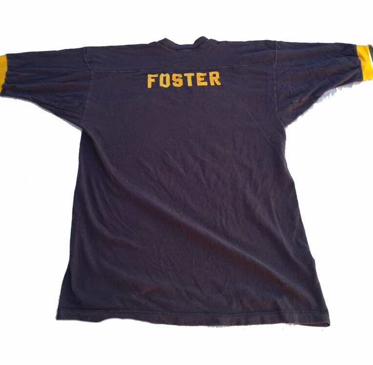 Vintage 80s NKO Foster player jersey USA college varsity souvenir navy blue distressed football t-shirt size XL