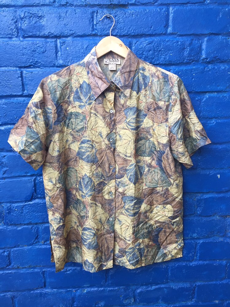 Ladies pure silk 90s autumn leaf print crazy abstract pattern oversized blouse size large