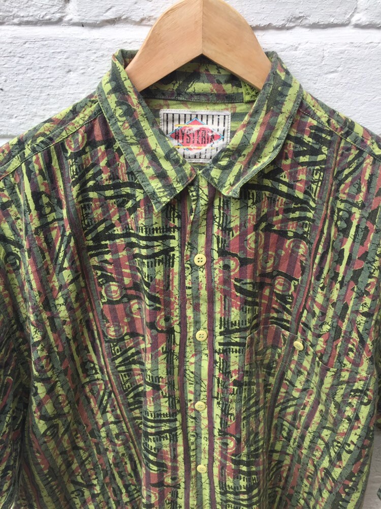 Vintage 90s lime green batik print pattern striped oversized shirt sleeve shirt oversized size medium