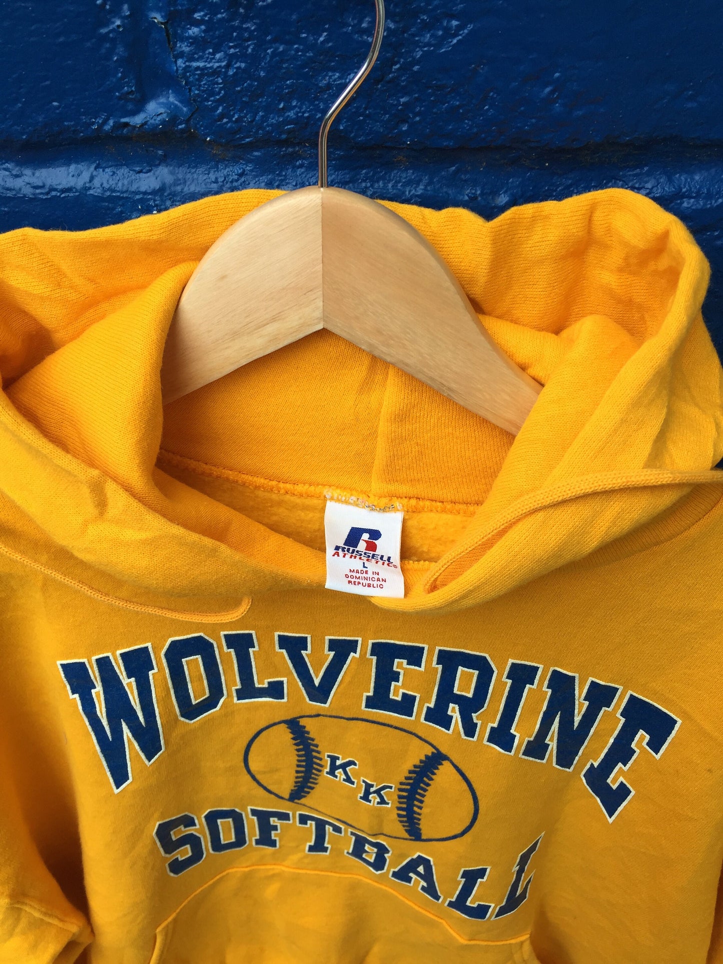 Vintage 90 Wolverine Softball USA College varsity yellow hoodie by Russell Athletic size large