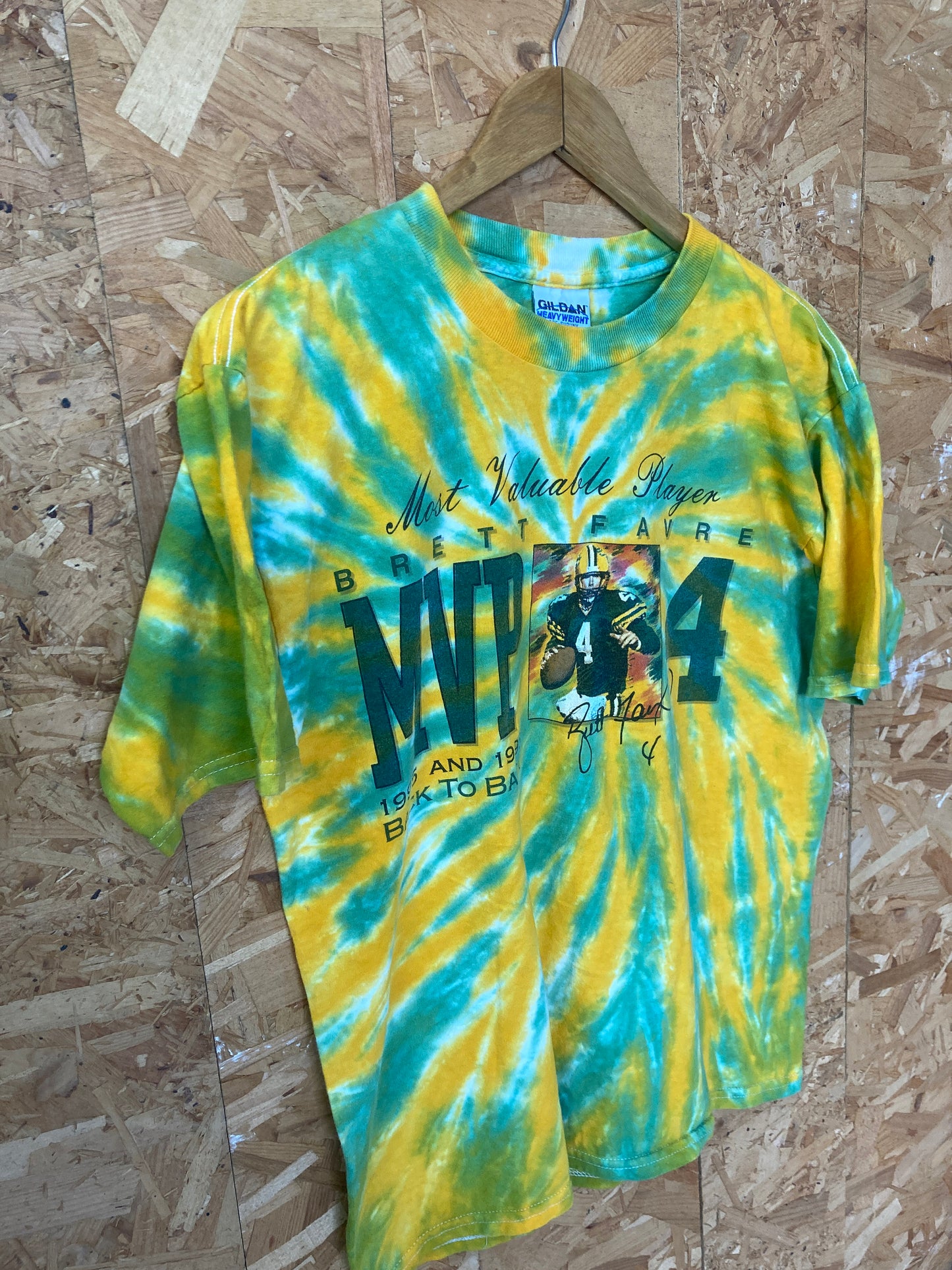 Vintage 90s Brett Favre Green Bay Packers MVP 96&#39; green yellow tie dye souvenir festival t-shirt size medium