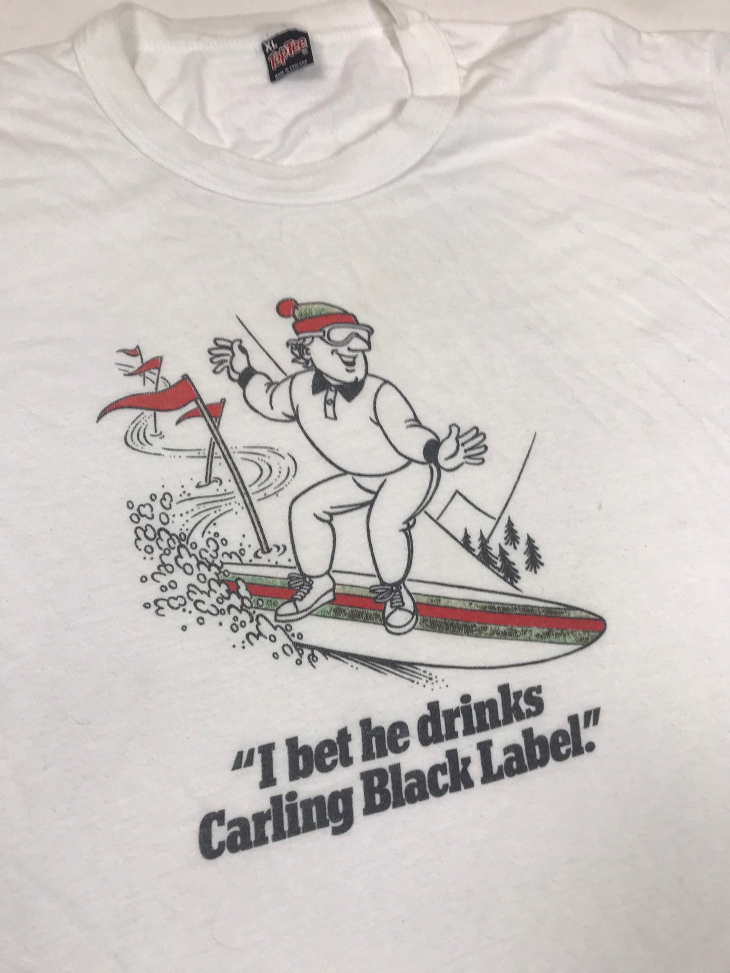 Vintage 80s I Bet He Drinks Carling Black Label UK beer brewery white t-shirt size XL