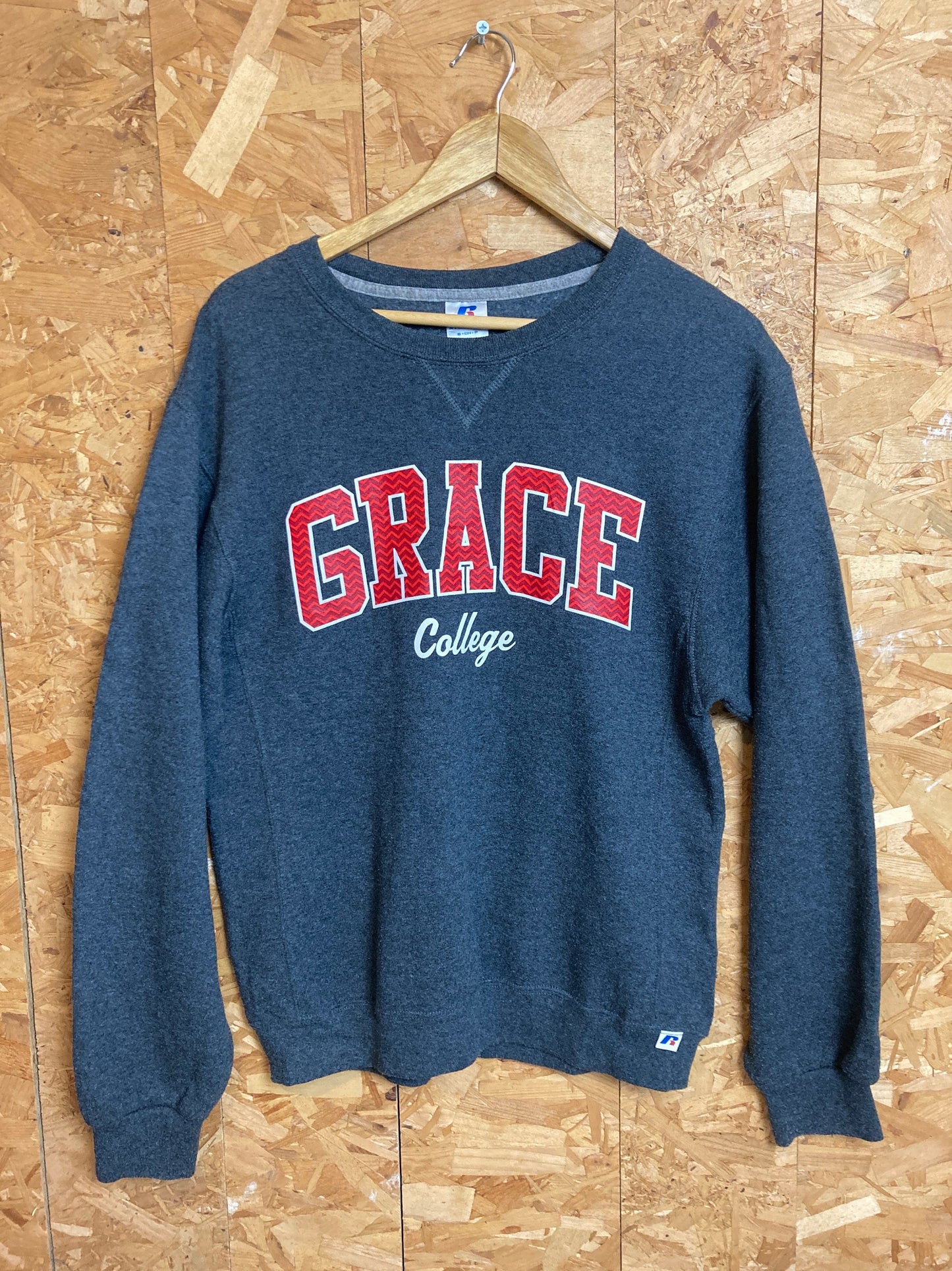 Vintage 90s Grace College grey red crew neck sweater size small by Russel Athletic