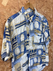 Vintage 90s beige blue abstract pattern short sleeve ugly party shirt size large