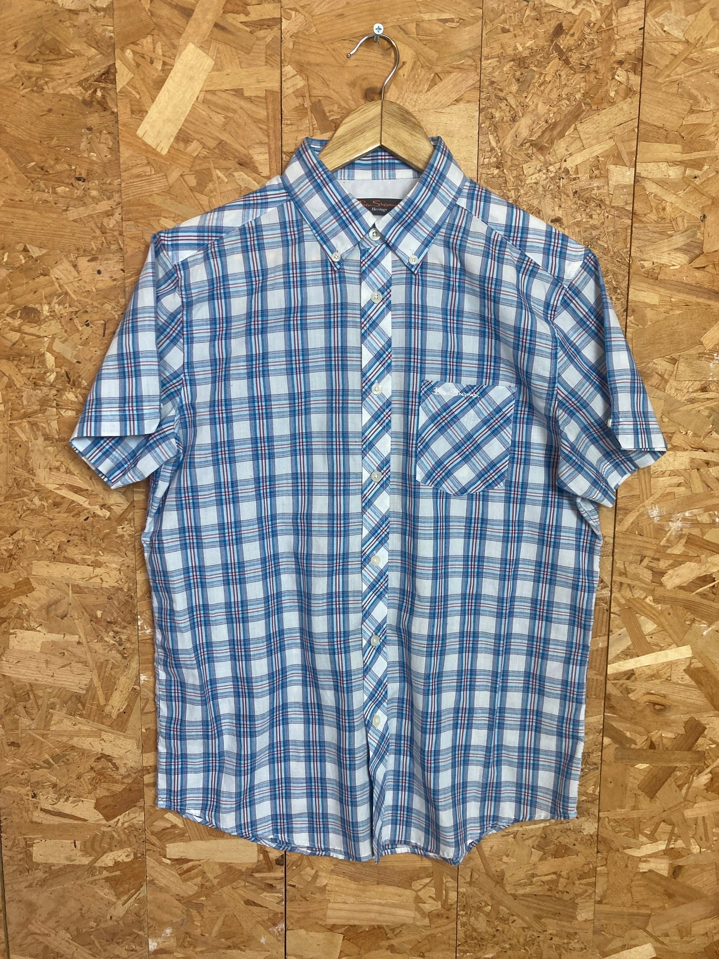 Vintage Ben Sherman light blue red white tablecloth fine check short sleeve Mod skinhead retro punk size small