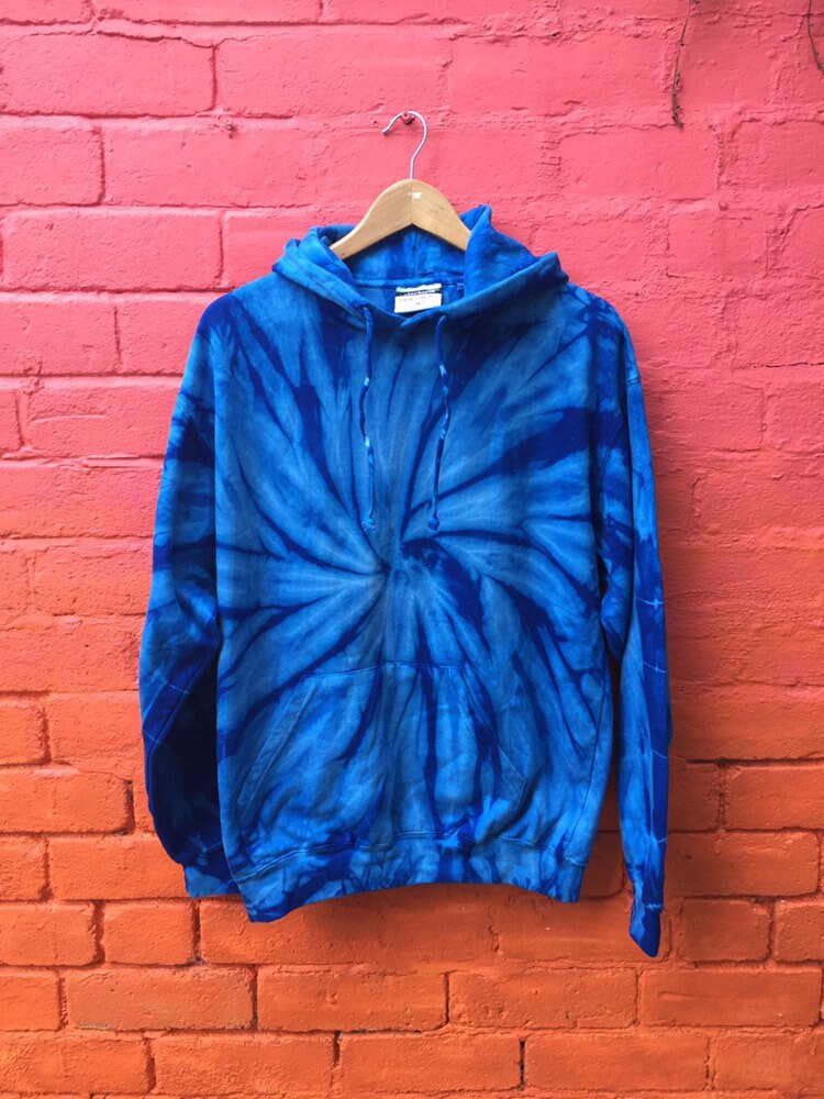 Vintage 00s blue acid wash rave festival tie dye hoody pullover size medium