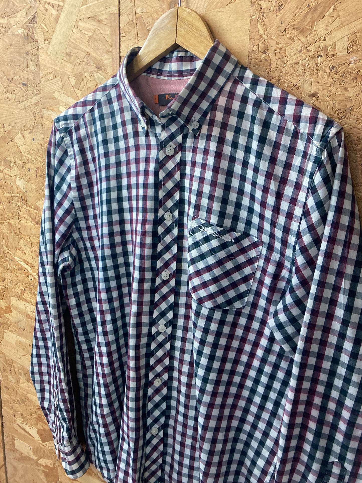 Vintage Ben Sherman burgundy black tablecloth check long sleeve Mod skinhead retro punk shirt size small