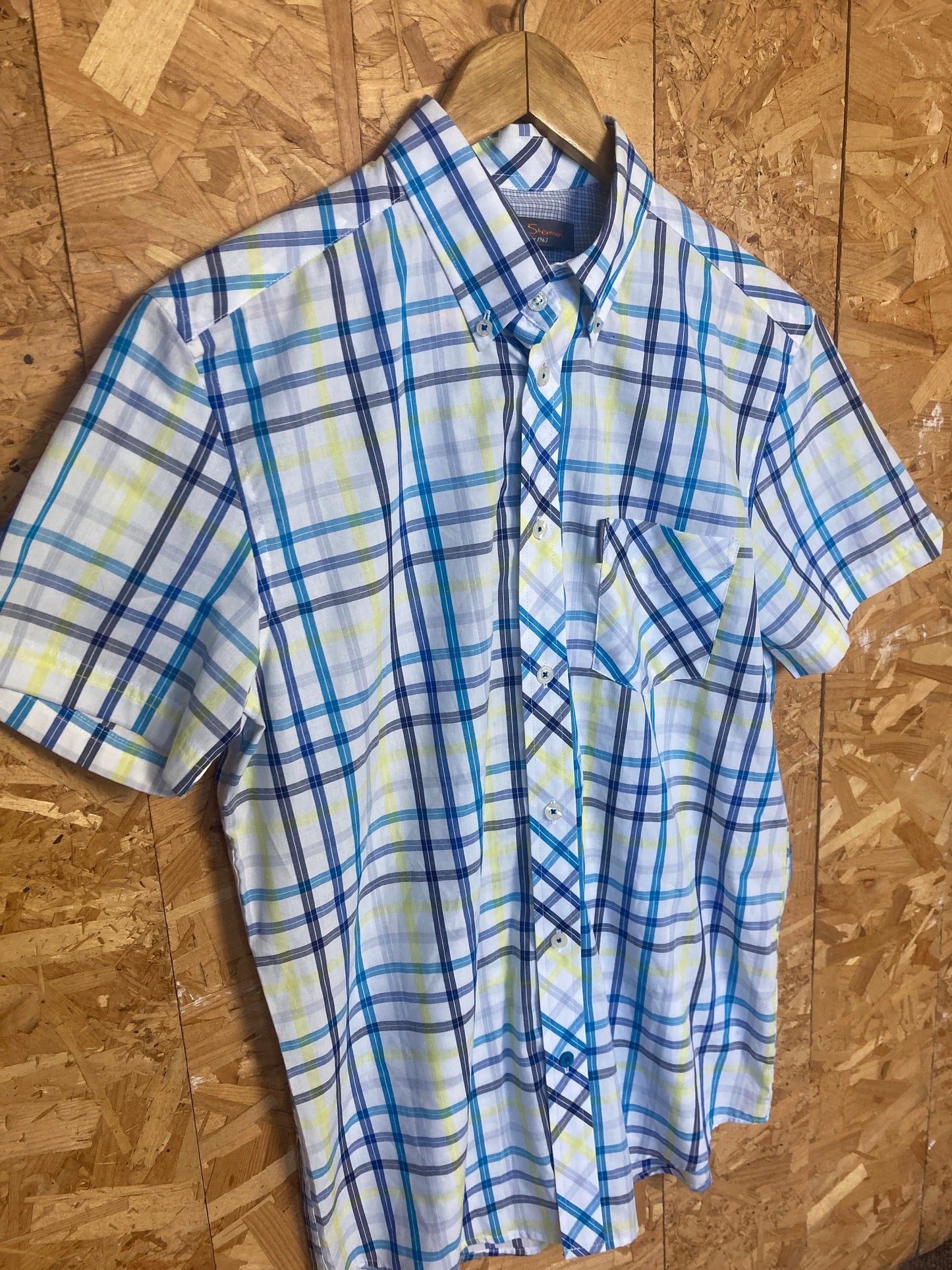 Vintage Ben Sherman light blue yellow white tablecloth fine check short sleeve Mod skinhead retro punk size small