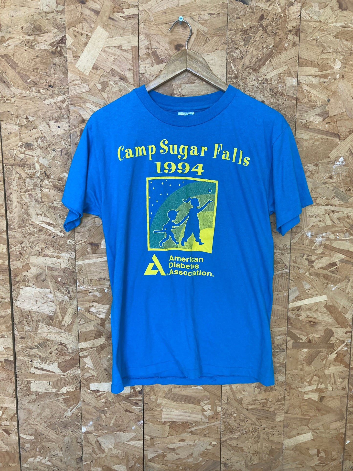 Vintage 90s Quirky Camp Sugar Falls souvenir single stitch USA bright blue & yellow t-shirt size medium