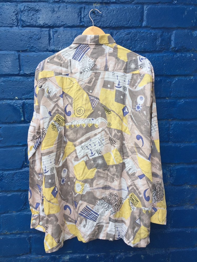 Vintage 80s crazy yellow blue wavy abstract art watercolour pattern soft rayon shirt oversized medium