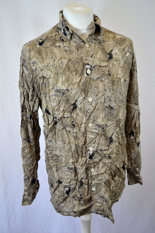 Vintage 90s beige Grunge Pastel Grey abstract charcoal sketch Pattern long sleeve shirt oversized medium