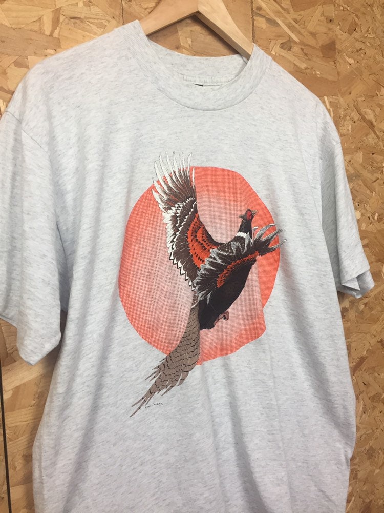 Vintage USA 90s turkey vulture flying bird animal print grey marl t-shirt size large