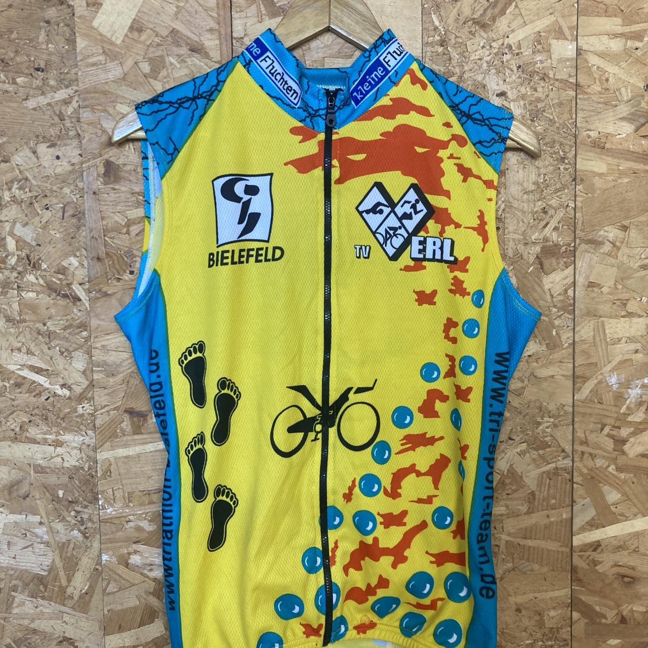 Vintage Y2K sleeveless triathlon bielefeld Mallorca yellow orange blue cycle jersey size M