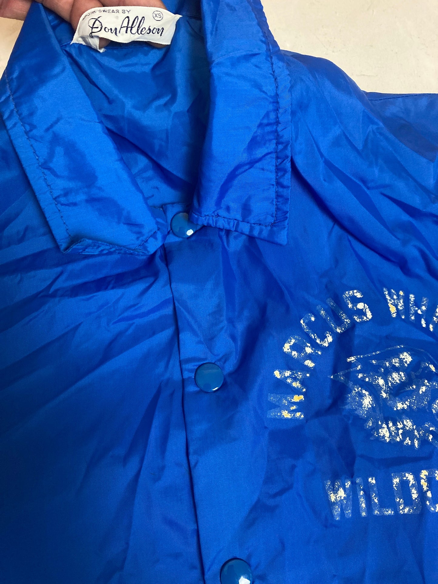 Vintage 70s blue distressed Marcus Witman Wildcats USA college sports coach track jacket windbreaker